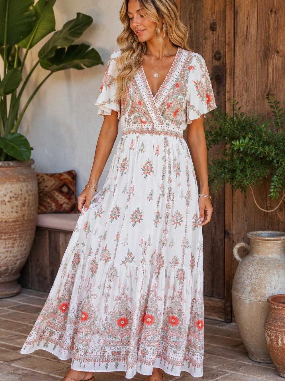 Floral Maxi Dress in White with Coral Accents